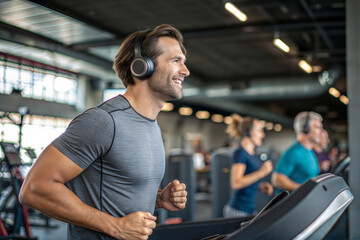 A handsome man wearing wireless headphones is jogging on a treadmill in at modern gym and listening music while running, enjoying workout