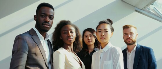 Obraz premium A diverse group of five professionals stands confidently in bright, modern office lighting, exuding teamwork and leadership.