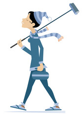 Winter sport. Happy young woman plays curling. 
Cheerful young woman with a curling brush on the shoulder and a stone in the hand going to play curling
