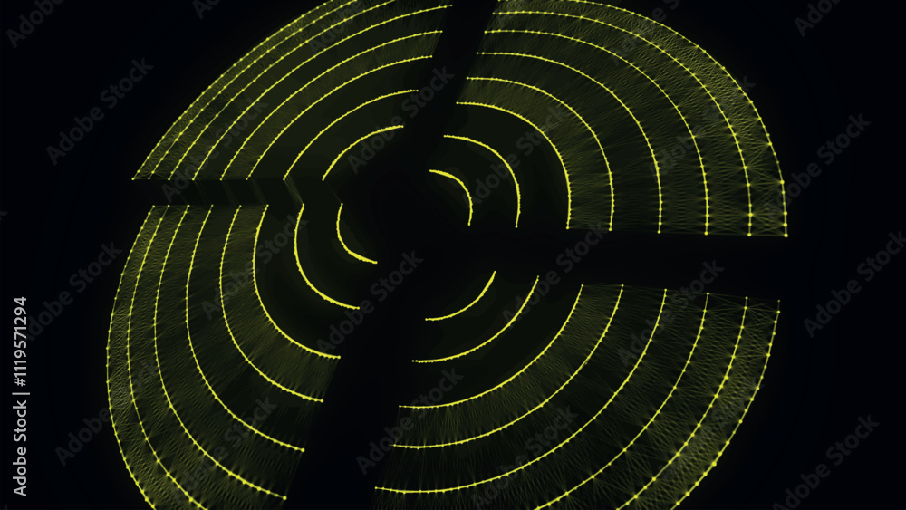 Poster futuristic dotted, circular particle wave. sound waves visualization. dark background. technology or