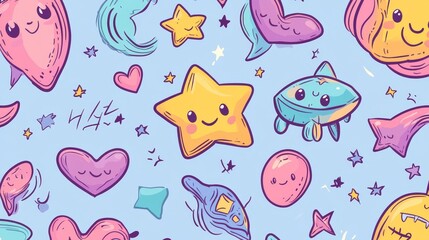 kawaii doodle pattern, cartoon stars with faces, geometric shapes, floating hearts, waves and swirls, ufo spaceship, devil character icon, pastel color palette, child-like sketch style, playful line