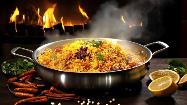 A steaming pot of flavorful biryani garnished with herbs and spices, set against a warm backdrop.
