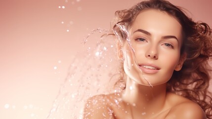 Close-up of a smiling young woman with glowing skin, soft wavy hair, and water splashes framing her face, set against a warm peach background, radiating freshness and beauty