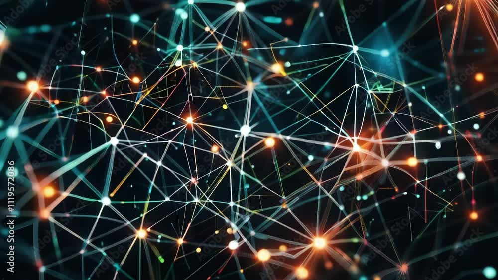 Poster complex network is forming with bright dots connecting and transforming on a dark background. ideal 