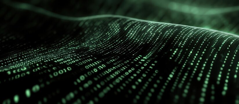 A futuristic binary code stream flowing through glowing lines and lights, on a dark tech background, representing digital data flow, abstract cyber theme