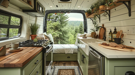 Van interior with built out kitchen green lower cabinets, dark wood countertop, white walls with green accents.
