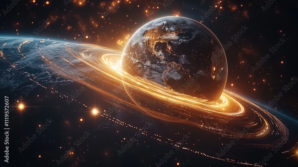 Poster abstract background with a planet and swirls of light, depicting outer space, stars, and a solar sys