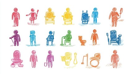 bathroom pictogram collection, simplified human figures, accessibility indicators, infant care symbols, sketchy crayon illustration, vibrant primary colors, universal design language, playful chalk