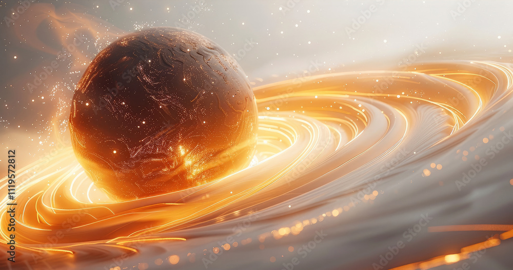 Poster abstract background with a planet and swirls of light, depicting outer space, stars, and a solar sys