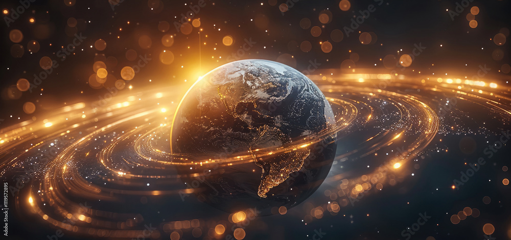 Poster abstract background with a planet and swirls of light, depicting outer space, stars, and a solar sys