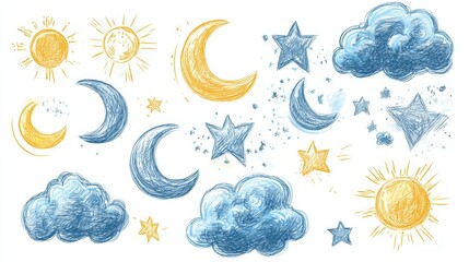 Fototapeta premium whimsical weather icons, crayon art style, fluffy blue clouds, yellow crescent moons, radiating suns, star shapes, childlike drawing technique, chalk texture, hand-drawn meteorological symbols, soft