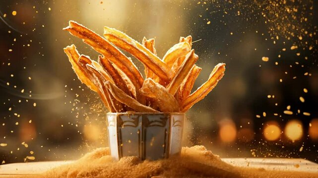 A stylish presentation of crispy fries in a container, surrounded by golden snacks.