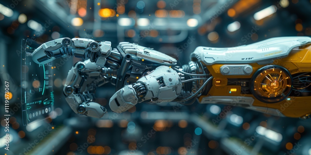 Poster robotic arm with intricate mechanical details interacting with a holographic display in a futuristic