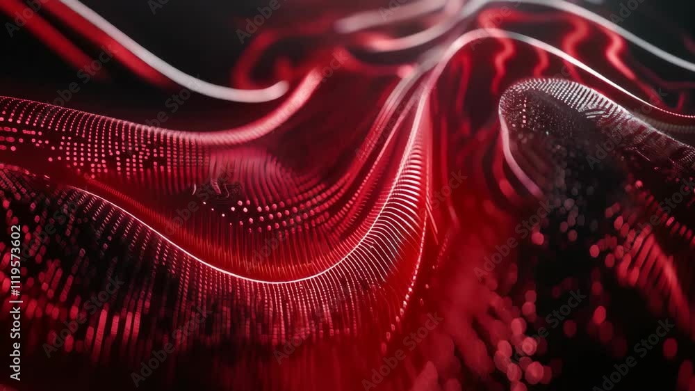 Poster abstract animation showcases red particles flowing and creating dynamic waves. ideal as a background