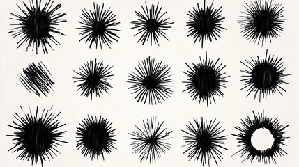hand drawn sunburst collection, black ink strokes, radiating lines pattern, spiral swirls, minimalist circular designs, sketchy burst elements, organic line weight, rough pencil texture,