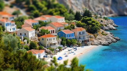 Obraz premium Coastal village nestled in a picturesque cove, with colorful buildings, a sandy beach, and turquoise water. Small houses, trees, and coast in shallow depth of field.