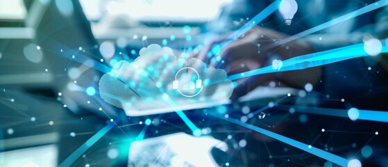 Abstract depiction of cloud computing with digital graphics and symbols illustrating connectivity and data flow innovation.