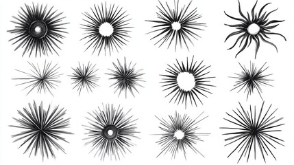 hand drawn sunburst collection, black ink strokes, radiating lines pattern, spiral swirls, minimalist circular designs, sketchy burst elements, organic line weight, rough pencil texture,