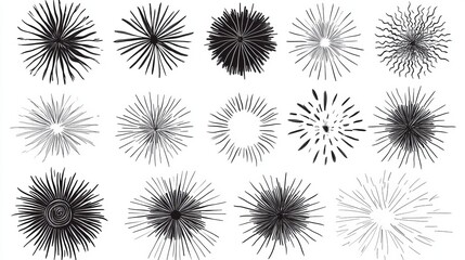 hand drawn sunburst collection, black ink strokes, radiating lines pattern, spiral swirls, minimalist circular designs, sketchy burst elements, organic line weight, rough pencil texture,