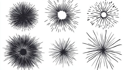 Obraz premium hand drawn sunburst collection, black ink strokes, radiating lines pattern, spiral swirls, minimalist circular designs, sketchy burst elements, organic line weight, rough pencil texture,