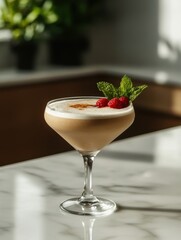 A beautifully crafted cocktail garnished with raspberries and mint on a marble countertop.