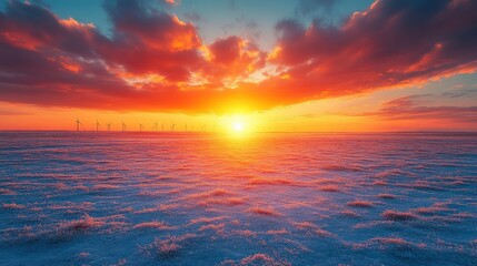 Stunning Sunrise Over Frozen Field with Wind Turbines in the Distance Illuminated by Vibrant Orange and Pink Sky Colors in a Winter Landscape