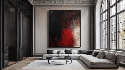 Abstract Red and Black Painting in Modern Interior