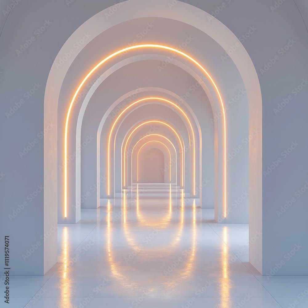 Poster 3d render, abstract white background with minimalistic arches and glowing light in the middle. backg