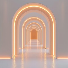 Fototapeta premium 3D render, abstract white background with minimalistic arches and glowing light in the middle. Background for product presentation, mockup, or design template.