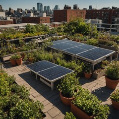 "A rooftop garden with eco-friendly solar panels, plants, and a small seating area."

