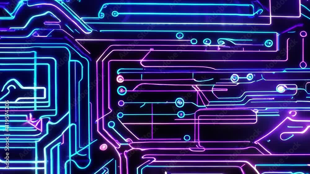 Poster complex electronic circuit board features glowing blue and purple lines moving dynamically against a