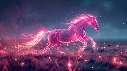 Glowing pink unicorn galloping through magical field at night.