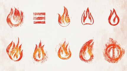 minimalist fire hazard symbols sketched in crayon, rough chalk texture, primitive line art collection, flame illustrations, emergency warning icons, orange and red color palette, hand-drawn effect,