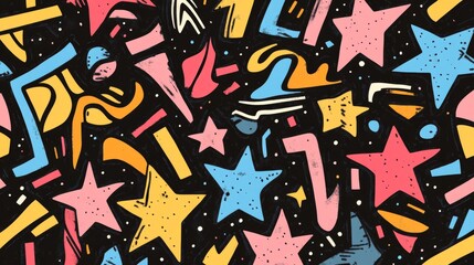 Obraz premium playful star pattern in pastel markers, hand-drawn constellation design, textured brush strokes, celestial doodle collection, grunge overlay effect, mixed geometric shapes, black cosmic backdrop,
