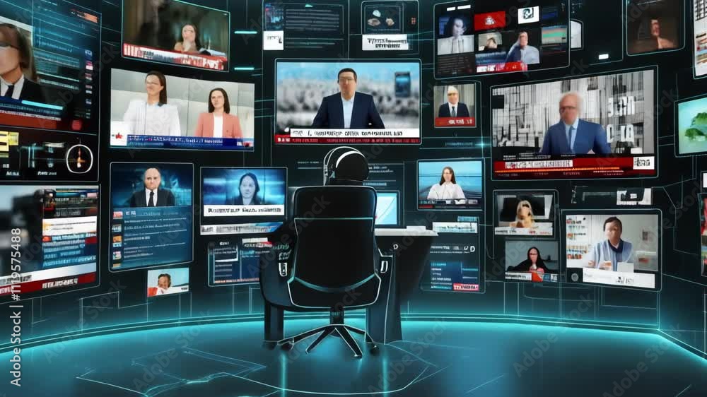 Poster camera rotates around a person working with multiple screens displaying news and financial data, hig