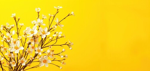 Obraz premium Vibrant tapestry of delicate white and bright yellow spring blossoms dancing across a rich, velvety dark yellow background, space for text
