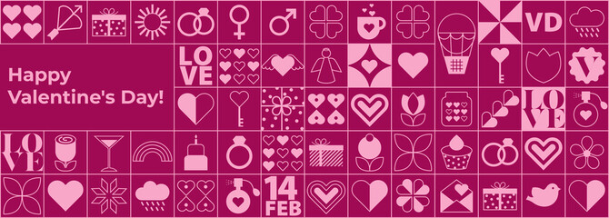 Valentine's day background template with minimalist modern elements. Pattern geometric background in trendy design for banner, card, cover, poster, wallpaper, packaging. Flat vector illustration.