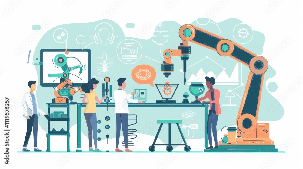 Poster college young students research inventions robotics and robot arm. experiments and digital automatio