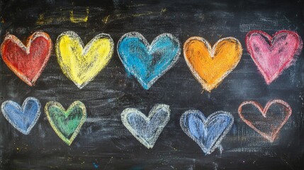 handcrafted chalk art, multiple heart shapes, textured blackboard surface, rainbow color palette, organic chalk strokes, whimsical romantic design, grainy chalk texture, nostalgic classroom style,