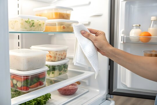 hand clean fridge shelf with clean cloth. Kitchen hygiene care