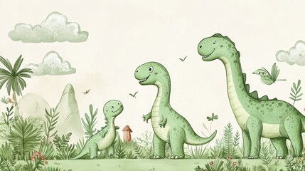 Obraz premium whimsical dinosaur drawings, green pastel jurassic creatures, simple line art style, charcoal outline texture, childhood art aesthetic, natural history illustration, primitive sketch style,