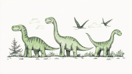 whimsical dinosaur drawings, green pastel jurassic creatures, simple line art style, charcoal outline texture, childhood art aesthetic, natural history illustration, primitive sketch style,