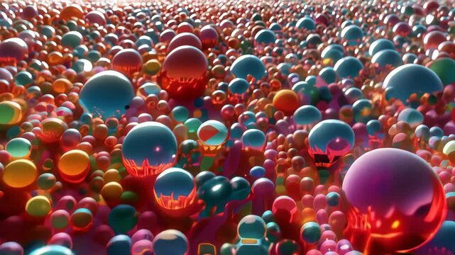Mesmerizing array of colorful reflective spheres creating a kaleidoscope of vibrant light and rich hues, showcasing motion and depth