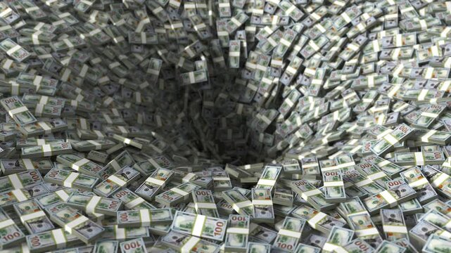 Money Vortex, Bundles of Dollars are Draining into the Hole, Seamless Looping 3d animation, Ultra HD 4K 3840x2160