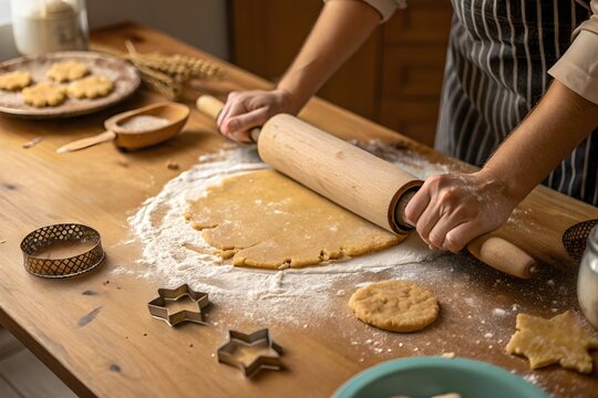 person roll dough on wooden table for cookies. Homemade snack baking