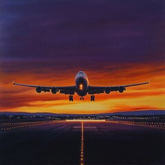 Naklejka premium Commercial Airplane Taking Off at Dawn with Dramatic Orange and Purple Sky Lighting