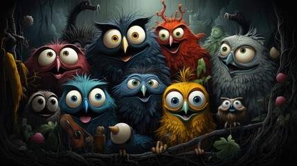 Colorful cartoon birds gather in a magical forest for a joyful celebration with friends