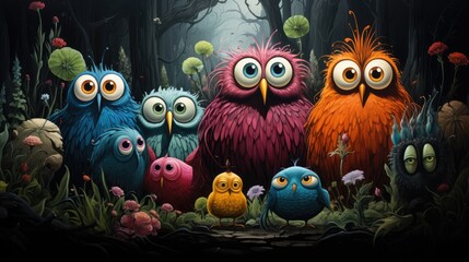 Colorful owls gather in a whimsical forest during a magical twilight hour