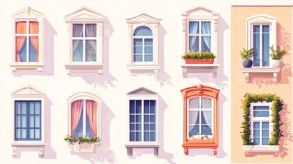 Obraz premium residential windows collection, varied curtain styles, interior design elements, classic window frames, soft home decor, architectural details, simple flat illustration, warm color scheme