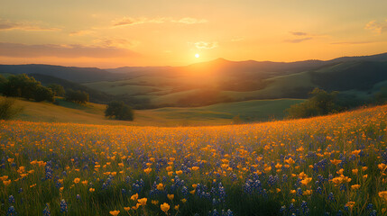 Obraz premium Photography capturing the vibrant bluebonnet fields of Hill Country, with rolling hills covered in wildflowers under a golden sunrise, creating a serene and colorful scene.